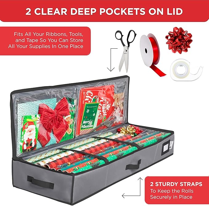 HOLDN’ STORAGE Premium Wrapping Paper Storage Container - Durable 600D Tear-Proof, Fits 27 Rolls Gift Wrap, Extra Pockets for Ribbons & Bows, Underbed Storage - Ideal for Holiday Christmas, Gray