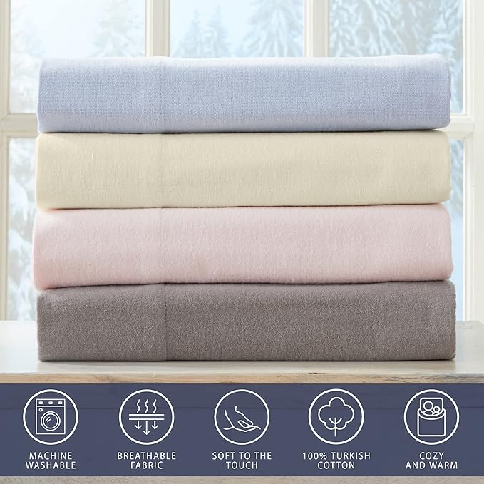 Market & Place 100% Turkish Cotton Flannel Sheet Set | 4 Piece Deep Pocket Solid Cozy Winter Bed Sheets | Double Brushed for Extra Softness & Comfort | Chalet Collection (Queen, Light Blue)