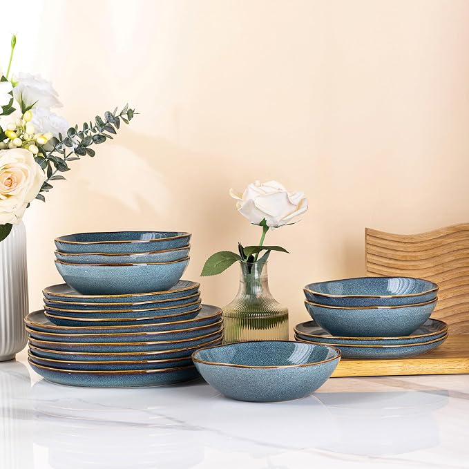 AmorArc Ceramic Dinnerware Sets,Handmade Reactive Glaze Stoneware Plates and Bowls Sets,Highly Scratch Resistant | Dishwasher & Microwave Safe Dishes Set,Service for 6 (18pc)