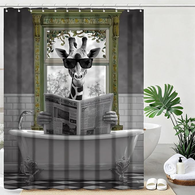 Rustic Shower Curtain Giraffe Reading Newspaper Shower Curtains for Bathroom Waterproof Fabric Bath Curtain Decor with Hooks