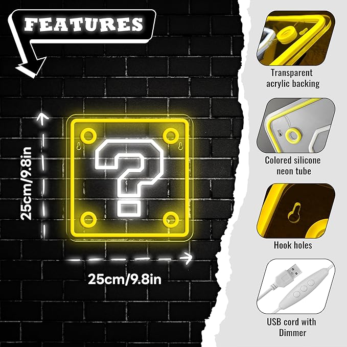 Question Block Neon Sign,Dimmable Question Square Neon Light for Game Room,Man Cave,Kids Room Wall Decor,USB Powered Led Night Lights Gamer Gifts for Boys, Kids