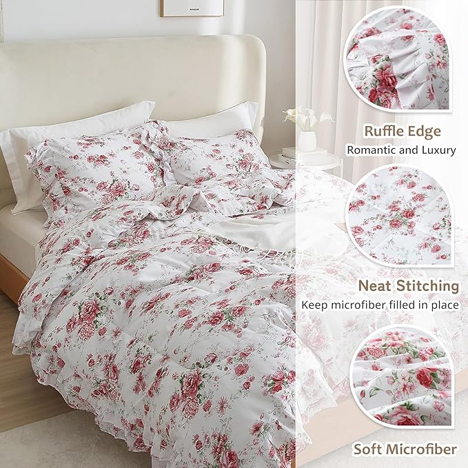 Rose Red Flower Comforter Set Queen Size Romantic Girls Lace Comforter Set Soft Microfiber Botanical Bedding Comforter Set 1 Floral Ruffled Comforter with 2 Pillowcases Lightweight Comfy