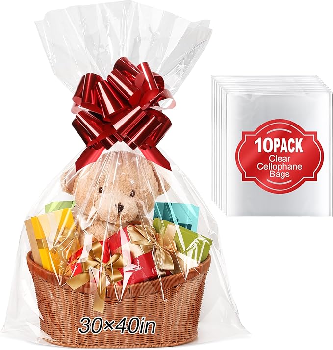 TMIOLUD 10PCS Extra Large Cellophane Bags, 30x40 Inches Premium Clear Cellophane Wrap for Gift Baskets, Clear Gift Bags Packaging 2.6 Mil Thick
