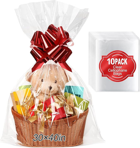 TMIOLUD 10PCS Extra Large Cellophane Bags, 30x40 Inches Premium Clear Cellophane Wrap for Gift Baskets, Clear Gift Bags Packaging 2.6 Mil Thick