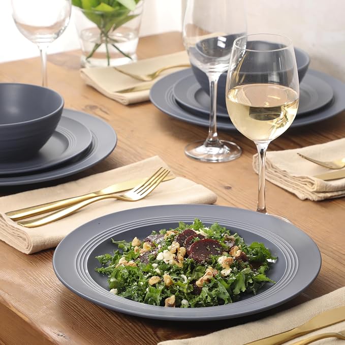 Gibson Elite Soleil 12 Piece Echo Blue Stoneware Dinnerware Set for 4, Plates and Bowls Set with Dinner Plates, Salad Plates and Bowls