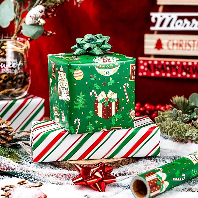 MAYPLUSS Green Christmas Wrapping Paper Roll, Reversible Festive Ornament Wrapping Paper, Metllic Foil Vintage Stocking & Bell Christmas Gift Wrap for Kid Holiday, Celebrations (17 Inch X 33 Feet)