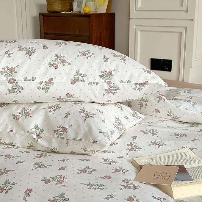 AOJIM Kids Adults Aesthetic Duvet Cover Set for Room Decor, Pure Cotton Comforter Cover Set 3pcs with Red Floral Pattern, 1 Super Soft Quilt Cover Queen Size and 2 Matching Pillowcases, No Comforter