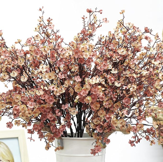 JAKY-Global Babys Breath Silk Artificial Flowers Bulk With Vase 10pcs for Fall Decor Fake flower bouquet Home Kitchen Indoor Bouquet Floral Arrangement Table Centerpieces Decor(Beige Brown Vase)