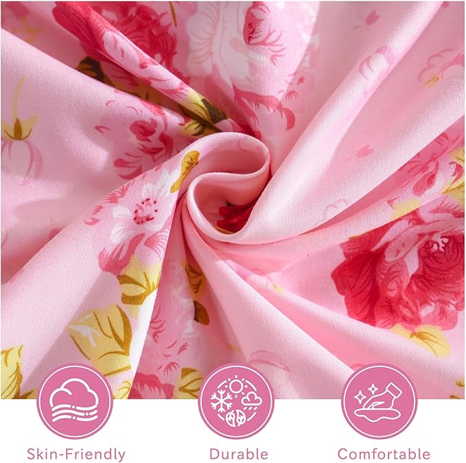 Bedlifes Queen Size Extra Deep Pocket Sheet Sets - Fits Mattresses Up to 18-24" Thick, 4-Piece Microfiber Set with 1800 Thread Count, Soft, Smooth, Breathable, Featuring Pink Floral Red Rose