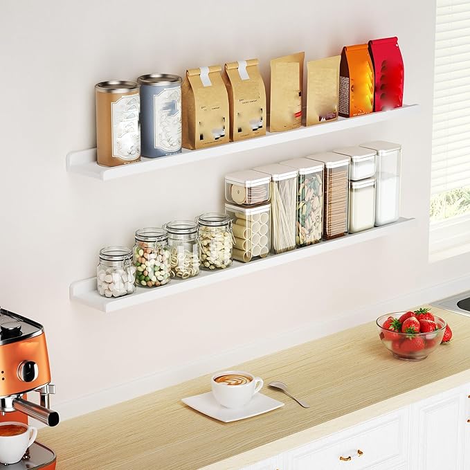 Love-KANKEI 48 Inch Long Floating Shelves Wall Mounted Set of 2, Large Wood Wall Shelves for Storage, Rustic Hanging Shelves for Display,Bedroom Living Room Bathroom Kitchen Office White
