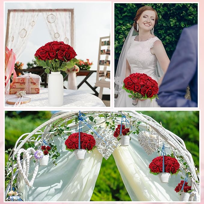 Jexine 50 Pcs Artificial Rose Flower Bulk Realistic Silk Fake Roses with Long Stem Plastic Artificial Flower Bouquet Real Looking for Home Wedding Centerpieces Party Decoration(Burgundy)