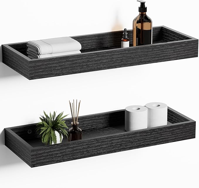 Floating Shelves with Raised Lip for Wall, 15.7 Inch Black Wooden Floating Wall Shelves, Set of 2, Wall Shelves for Bedroom Bathroom Living Room, Rustic Storage Display Shelves