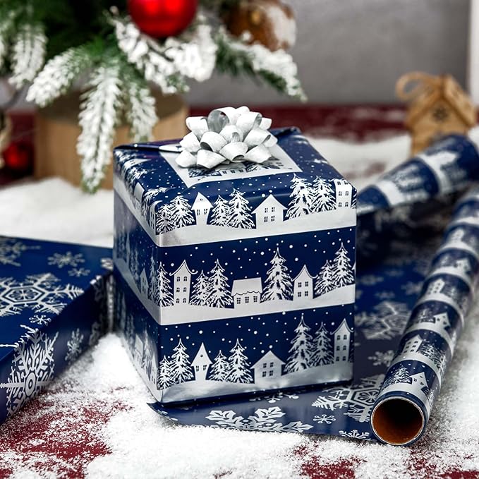 MAYPLUSS Christmas Wrapping Paper Roll, 17 Inch X 16.5 Feet Gift Wrapping Paper Featuring Navy Blue Christmas Tree House Reversible Snowflake, Thick Wrap Paper for Holiday Party New Year Kids