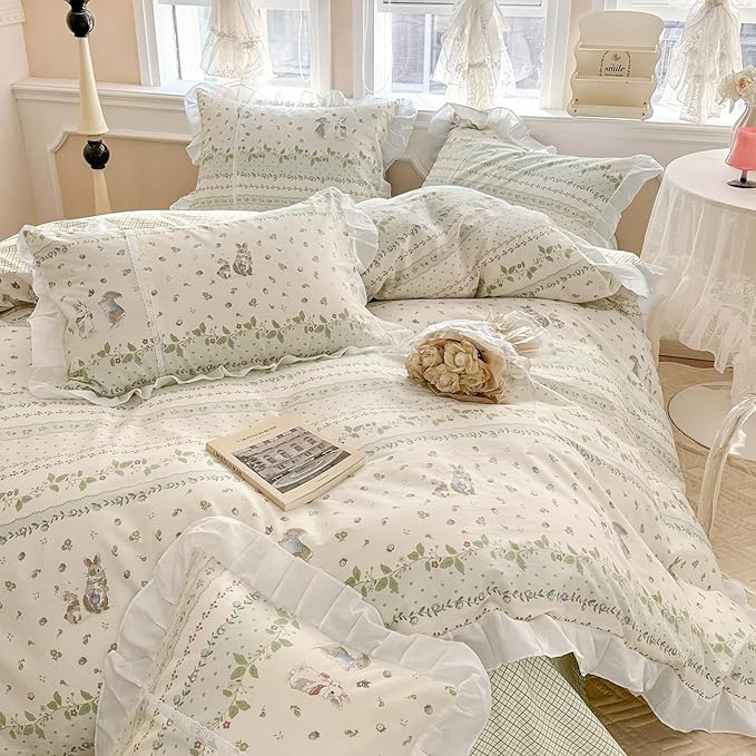 VM VOUGEMARKET Kids Comforter Set Full Size Cute Rabbit Down Comforter with Flower Leaves Pattern Reverisble Ruffle Lace Bedding Set for Teen Girls(Green,Full)