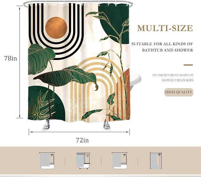 Glawry Abstract Mid Century Shower Curtain Green Retro Boho Tropical Palm Tree Sun Arch Bathroom Modern Minimalist Aesthetic 72Wx78L Inches Bath Accessories Art Home Decor Fabric 12 Pack Hooks