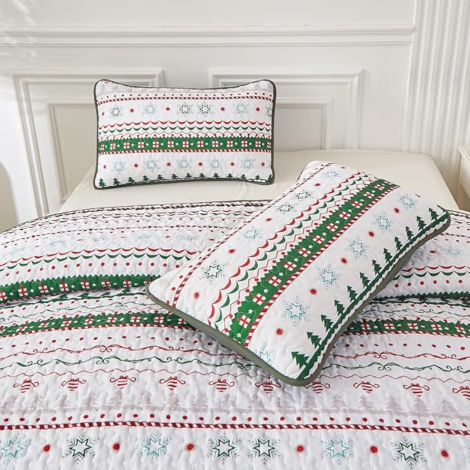 Dinjoy Christmas Quilt Set King Size, Green White Snowflake Christmas Tree Holiday Quilt Bedding Set Xmas New Year Bedspread Soft Microfiber 3 Pieces Coverlet for Kid Adult 104"x90" New Year Gift