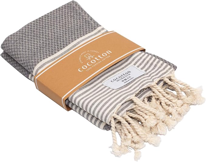 Boho Striped Turkish Hand Towels Set of 2 | 100% Cotton, 16 x 40 Inches | Decorative Bathroom Hair Face Gym Yoga Dishcloth Tea Kitchen Light Weight Quick Dry Farmhouse Towel (Grey)