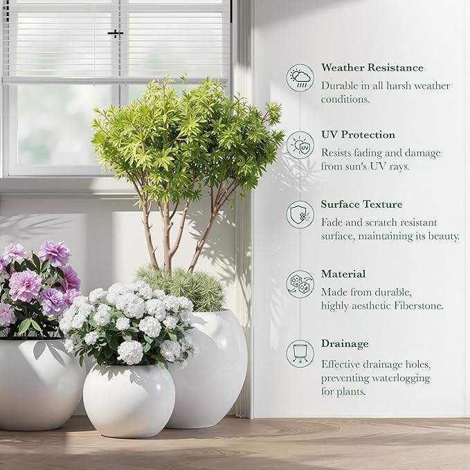 DTY Signature Mount Sherman Modern Indoor Outdoor Fiberstone Sphere Planter, Durable Round Garden Pot, Weather Resistant, Drainage Hole & Rubber Plug, Planter for Christmas Tree - Small, White