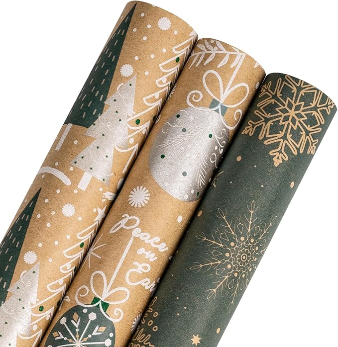 LeZakaa Christmas Kraft Wrapping Paper Roll, Brown Gift Wrap with Green & White Holiday Designs, Trees, Ornaments & Snowflakes Pattern for Christmas Presents, Arts Crafts, 17 x 120 inches, 3 Rolls