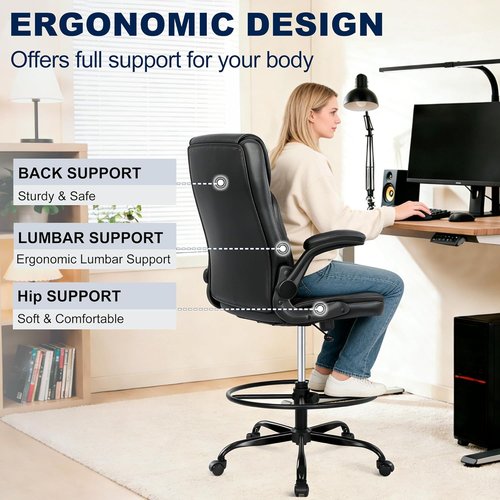 Misolant Drafting Chair - Adjustable Height Office Chair with Footrest & 360° Swivel Wheels | Black PU Leather