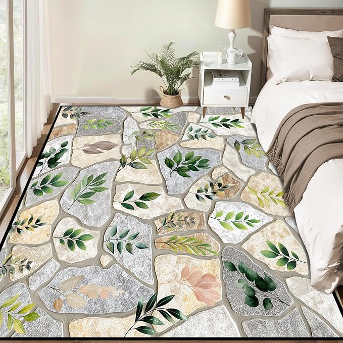 3'x5' Optical Illusion Rug 3D Stone Floor Mat Green Leaf Botanical Area Rug Rustic Nature Washable Carpet for Entryway Bedroom Living Room Kitchen Home Decor