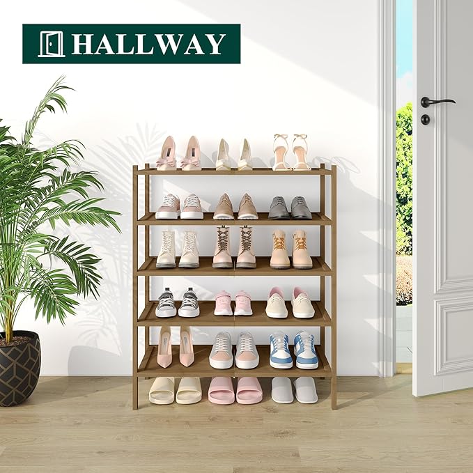 Smiry Bamboo Shoe Rack, 5 Tier Shoe Organizer for Entryway & Closet, Stackable Free Standing Storage Shelf for Shoes, Bags & Plants, Walnut