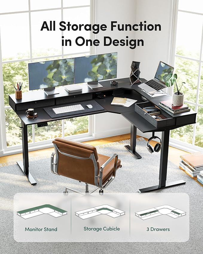 FEZIBO L Shaped Electric Standing Desk, 63 x48 inch Large with Drawers | Reversible Tabletop, 2 Memory Height Settings | Home Office & Gaming Height-Adjustable Table, Black Top/Black Frame
