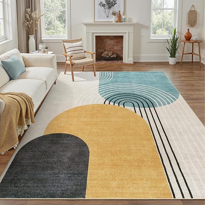 DCX Machine Washable Area Rug 4x6, Midcentury Modern Non Slip Stain Resistant Rug 4x6 for Living Room, Bedroom, Dining Room, Soft Low Pile Large Carpet, Blue & Yellow
