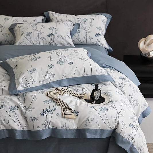 HighBuy Cute Blue Floral Duvet Cover Twin Boho Floral Cotton Soft Girl Twin Comforter Cover Cottagecore Flowers Plant Pattern Luxury Bedding Set,1 Duvet Cover 68x86,2 Pillowcases for Women Teen