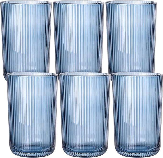 Blue Ribbed Highball Glasses Set of 6, 13.2oz Midnight Blue Colored Glassware, Drinking Glasses for Water, Juice, Iced Coffee, Cocktails, Blue Glass Cups, Housewarming Christmas Gift