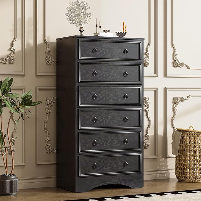 6 Drawer Dresser Tall, 52" Tall Black Dresser for Bedroom, Chest of Drawers, Large Storage Organizer for Clothes, Grey Vintage, for Living Room, Bedroom, Hallway