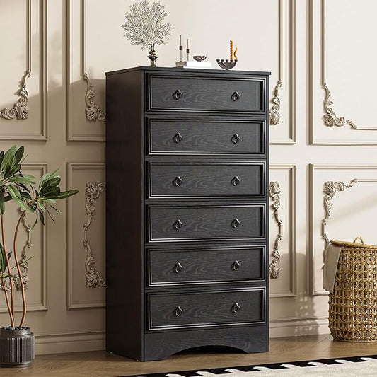6 Drawer Dresser Tall, 52" Tall Black Dresser for Bedroom, Chest of Drawers, Large Storage Organizer for Clothes, Grey Vintage, for Living Room, Bedroom, Hallway