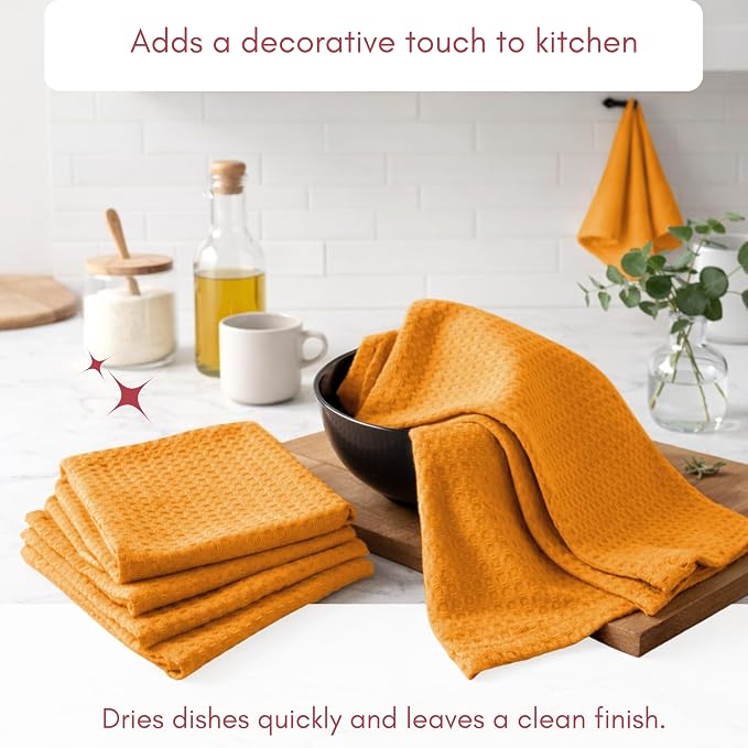 TWINY threads Kitchen Towels Set of 4, 100% Soft Cotton Waffle Weave Dish Towels with Hanging Loop, Reusable for Table Cleaning, Dinning, Parties - 16"x26" - Mustard Yellow