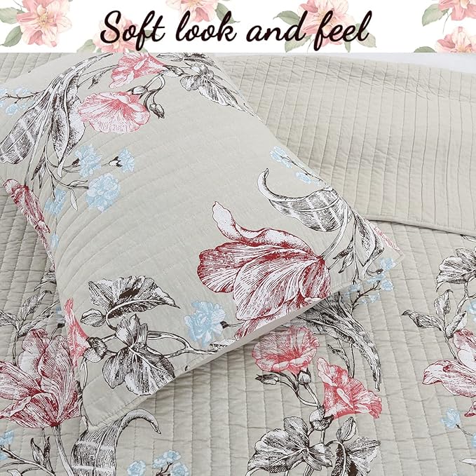 Cozy Line Home Fashions Taupe Khaki Floral Blooming 100% Cotton Reversible Quilt Bedding Set, Coverlet, Bedspread (Taupe Blooming, King - 3 Piece)