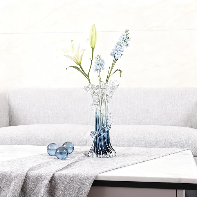 9.8" H Blue Blown Glass Vase, Modern Art Hand Blown Coastal Vase,Beautiful Unique Ocean Wave Centerpieces for Living Room, Bedroom, Office Desktop,Coffee Table and Wedding Decorative (M)