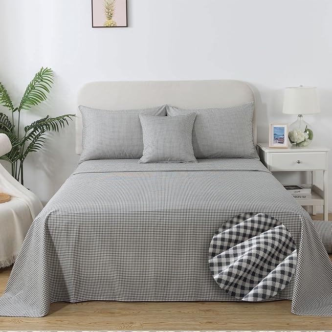 FADFAY Black Plaid Twin XL Size Sheets 100% Cotton Geometric Checker Bedding Teens Grid White Gingham Pattern College Bedding Deep Pocket Sheets with 2 Pillowcases Ultra Soft 4pcs, Twin Extro Long