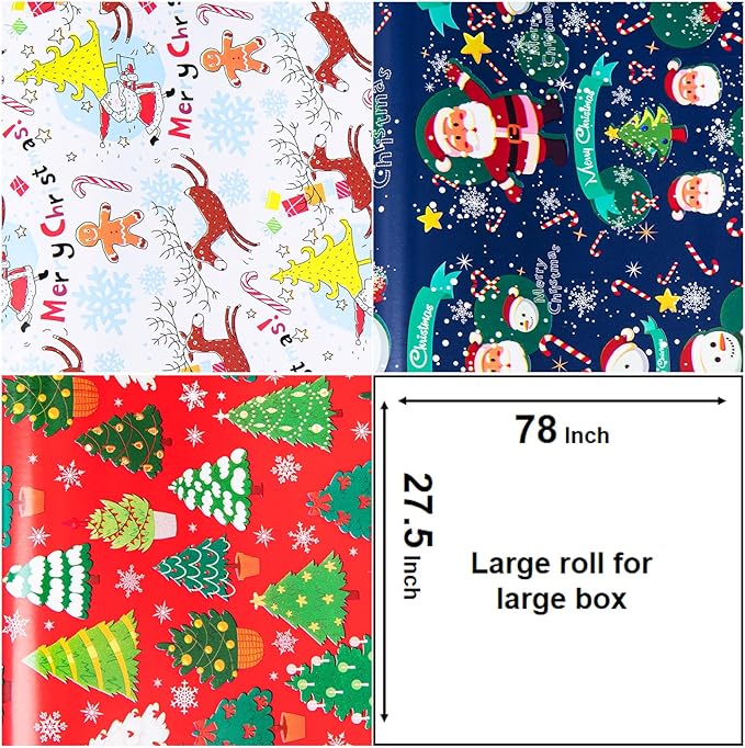 Linnoptimix Christmas Wrapping Paper Rolls -3 LARGE ROLL-27inch*78 inch per roll Colorful Foil Red White Blue wrapping paper(Christmas White/Red/Blue（005）)