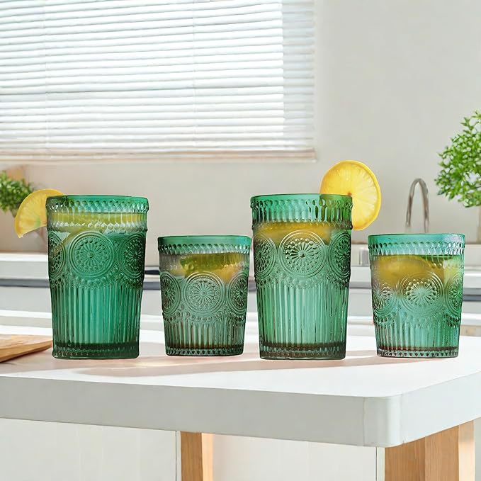 Loivttvv 12pcs Vintage Drinking Glasses Set, 12 oz Highball Glasses & 9 oz Embossed Ribbed Glassware Cups for Cocktail, Water, Juice, Coffee, Whiskey (Dark Green)