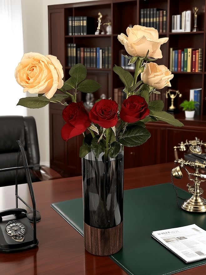 Shatterproof Acrylic Flower Vase with Wood Base–10”H*3.9''W Modern Table Centerpiece for Home Office Decor, Holds Fresh/Dried Stems, Lightweight&Stable, Present for Housewarming Christmas (Cylinder)