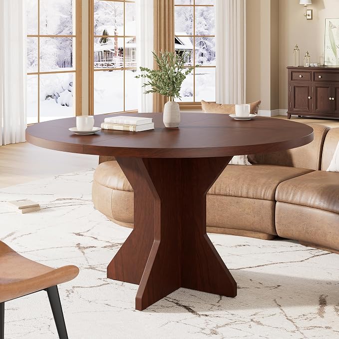 Garvee Round Dining Table for 4-6 People - 47" Circle Kitchen Dinner Table with Sturdy Pedestal Base, Small Spaces Dinning Room Furniture for Living Room, Kitchen, Apartment, Walnut
