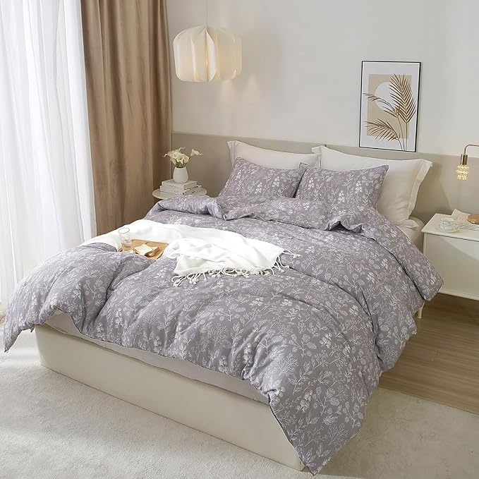 EAVD Vintage Style Grey Floral Duvet Cover Twin Soft Cotton Chic Shabby Garden Floral Bedding Set with 2 Pillowcases Reversible Fresh Botanical Floral Comforter Cover with Zipper Closure