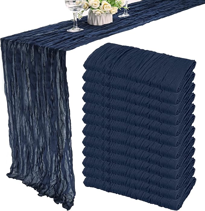 12 Pack 13Ft Cheesecloth Table Runner 35x157 Inch Boho Gauze Table Runner Cheese Cloth Long Rustic Table Runners for Wedding Bridal Shower Birthday Party Table Decor (Navy Blue)