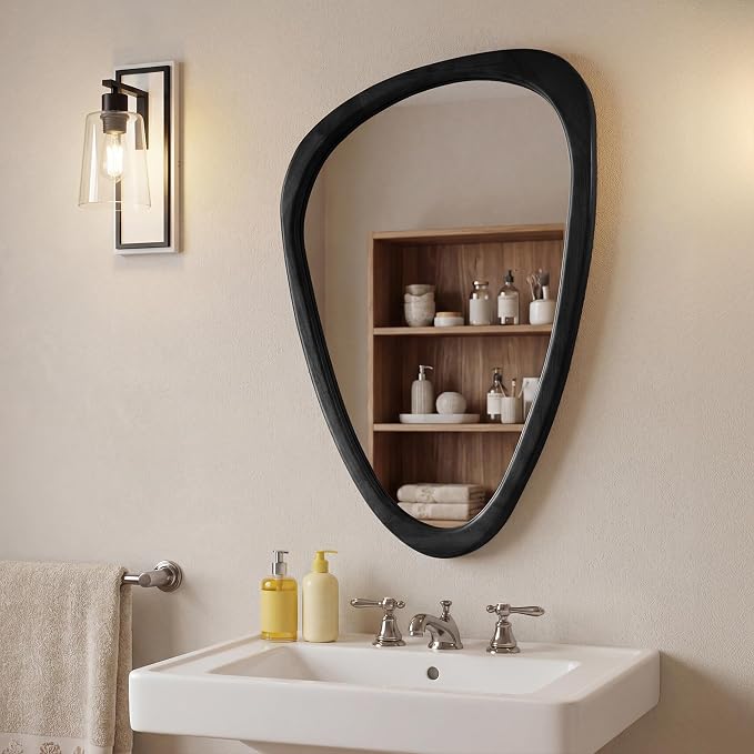 30''x20'' Asymmetrical Mirror with Wood Frame Black, Small Irregular Wall Mirror Odd Shaped Mid Century Modern Mirror Decor for Bedroom Living Room Entryway Hall