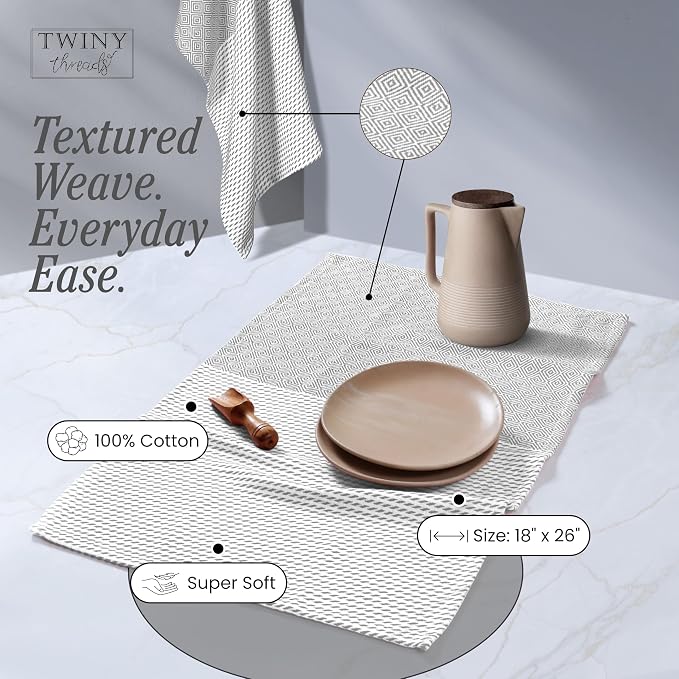 TWINY threads Dish Towel Diamond Weave, Premium 100% Cotton Kitchen Linen Set, Large Dish Rags and Wash Rags, Absorbent Quick Drying, Washable Reusable Dishcloth Set, 4 Pack, 18"x26", Light Grey
