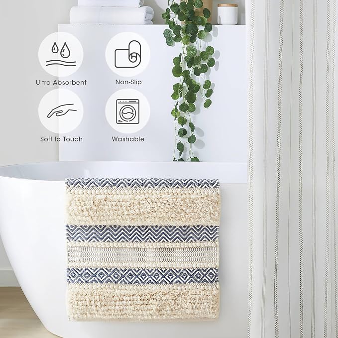 Ink+Ivy Bath Rug Hand-Woven Texture Shaggy Striped Soft & Water Absorbent, Boho Bathroom Décor Bath-Mats, Non-Slip Absorbent Quick Dry Mats for Tub, Shower Room, Asher, 22x58, Navy 1 Piece