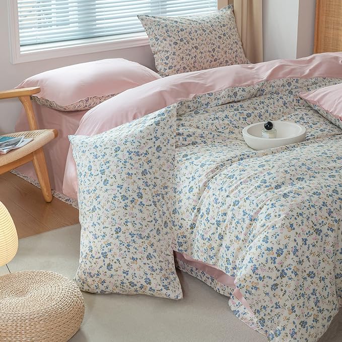 EAVD Vintage Style Garden Botanical Floral Duvet Cover Queen Soft 100% Cotton Pink Blue Yellow Floral Bedding Set with 2 Pillowcases Chic Botanical Duvet Cover with Zipper Closure