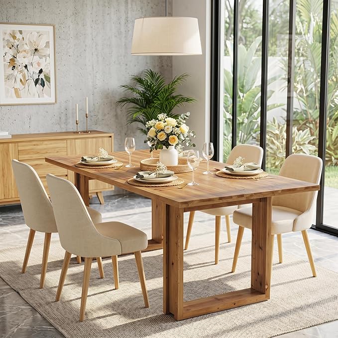 63-Inch Solid Wood Dining Table for 6, Farmhouse Kitchen Table with Heavy Duty Legs, Rectangular Wood Desk for Dining Room, Living Room, Rustic Brown