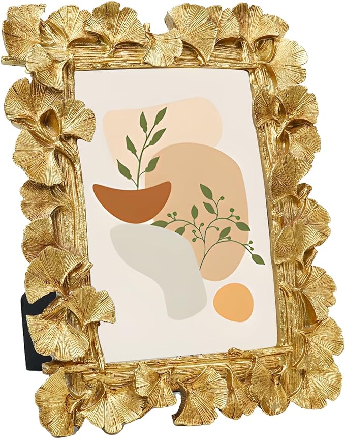 Gold Picture Frames, 4x6 Vintage Gold Frames, Ornate Ginkgo Leaf Textured Hand-Crafted Resin with Glass Front, Antique Photo Frame for Tabletop or Wall Hanging, Retro Design Home Decor