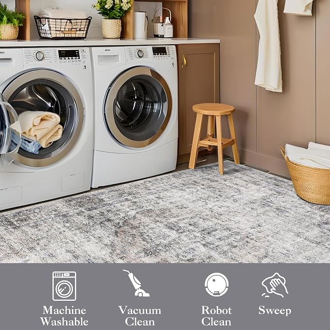 Washable Boho 10x13 Area Rug for Living Room Low Pile Soft Bedroom Rugs Non Slip Distressed Medal Print Large Indoor Carpet Thin Foldable Boho Vintage Carpet for Playroom Farmhouse, Beige