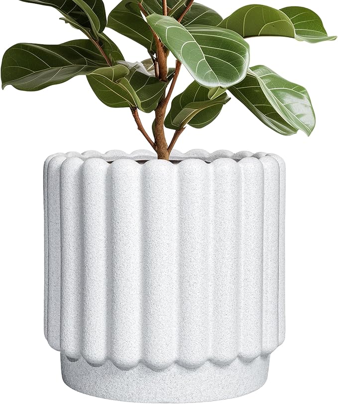 Ceramicfor Ceramic Flower Pots - 12 Inch Plant Pot Indoor Outdoor, Fluted Large Ceramic Planters with Drainage Hole, Modern Round Planters, Apartment Decor, Plant Lover Gifts, White